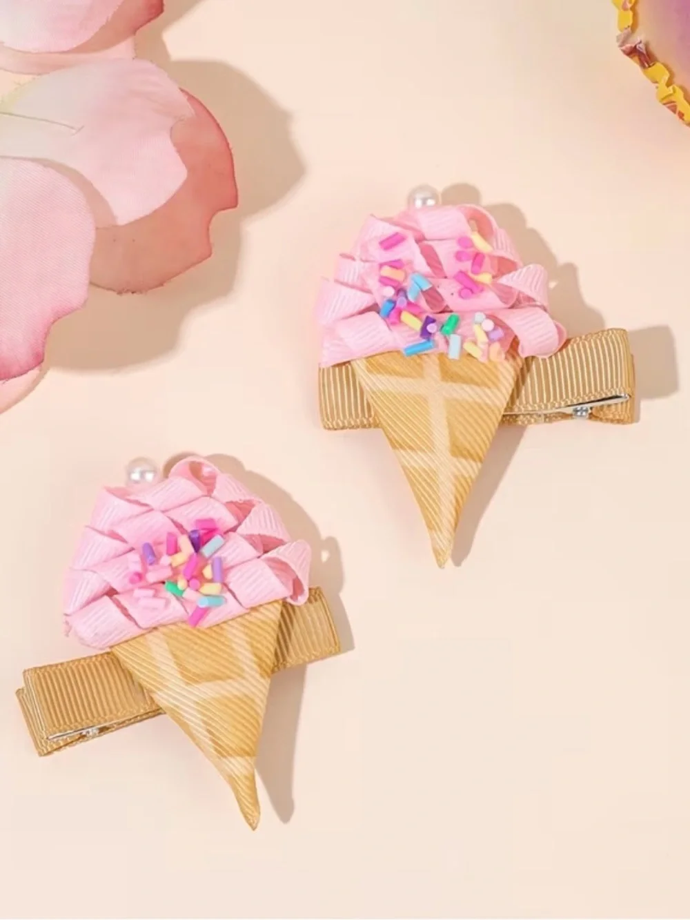 Pink Ice Cream Cone Hair Clips for Kids - Cute Ribbon Sprinkle Design!